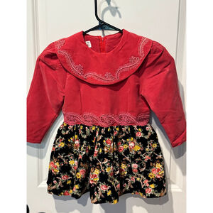 Girls Unbranded Corduroy collared Dress Size 5 Red Black Floral